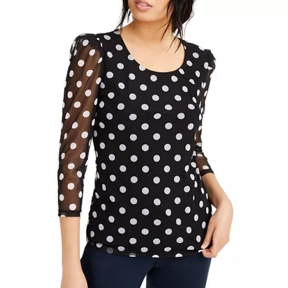 INC Polka-Dot Sheer-Sleeve Top
